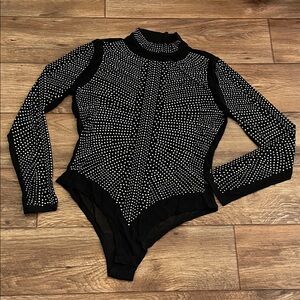 Black and White Studded Long Sleeve Bodysuit Woman Size 2XL